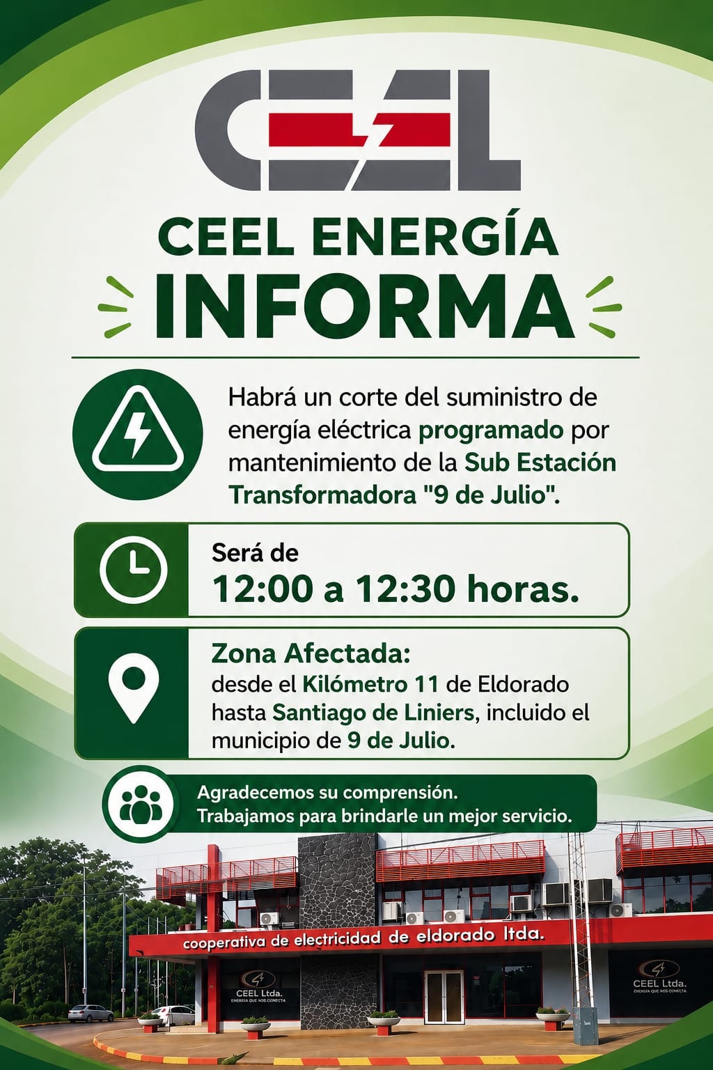 Corte de energía este lunes por mantenimiento de la Sub Estación Transformadora "9 de Julio" 2